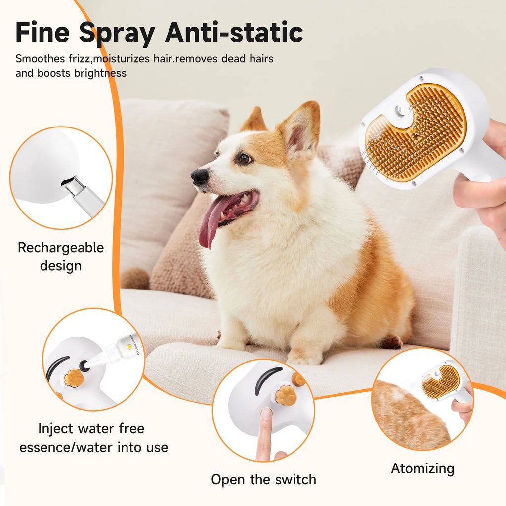 Pet Steam Brush for Dog & Cat - 3-In-1 Steam Grooming Brush for Shedding & Hair Removal - Self Cleaning Spray Comb with Mist for Long Haired Pets - Includes 1*Waterless Shampoo
