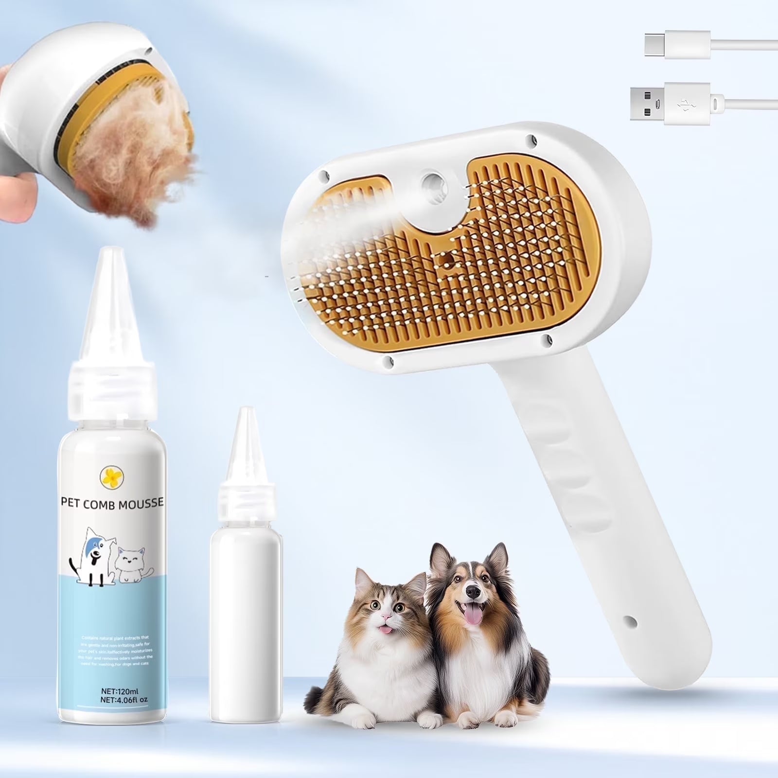 Pet Steam Brush for Dog & Cat - 3-In-1 Steam Grooming Brush for Shedding & Hair Removal - Self Cleaning Spray Comb with Mist for Long Haired Pets - Includes 1*Waterless Shampoo