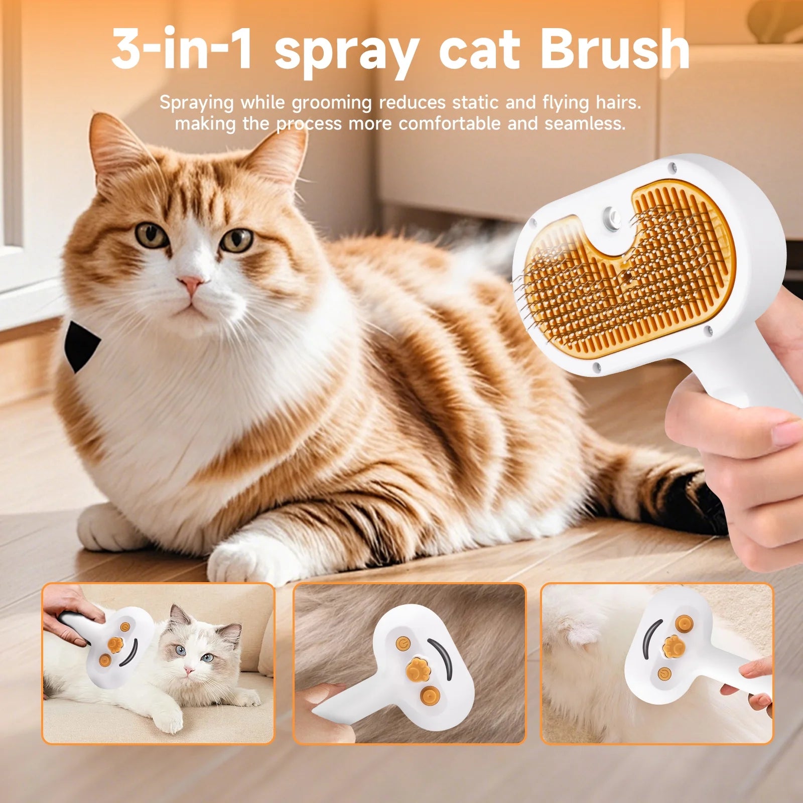 Pet Steam Brush for Dog & Cat - 3-In-1 Steam Grooming Brush for Shedding & Hair Removal - Self Cleaning Spray Comb with Mist for Long Haired Pets - Includes 1*Waterless Shampoo