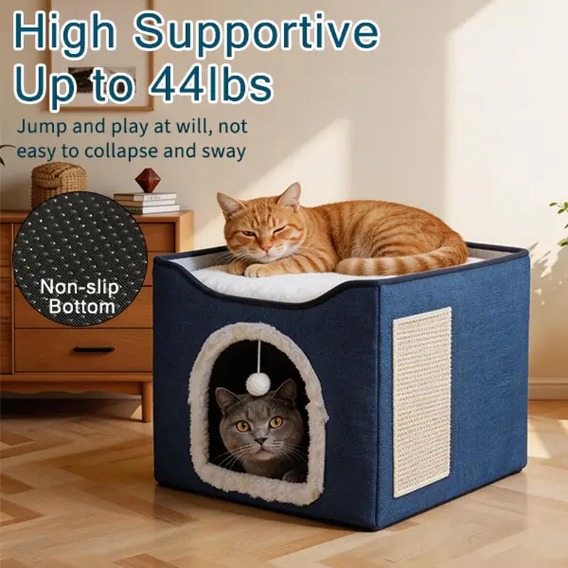 Indoor Cat House - Spacious Cat Bed Cave with Scratch Pad and Fluffy Ball, Foldable Cat Condo Hideaway with Reversible Cushion for All Seasons, Suitable for Multiple Small Pets, Dark Ivory