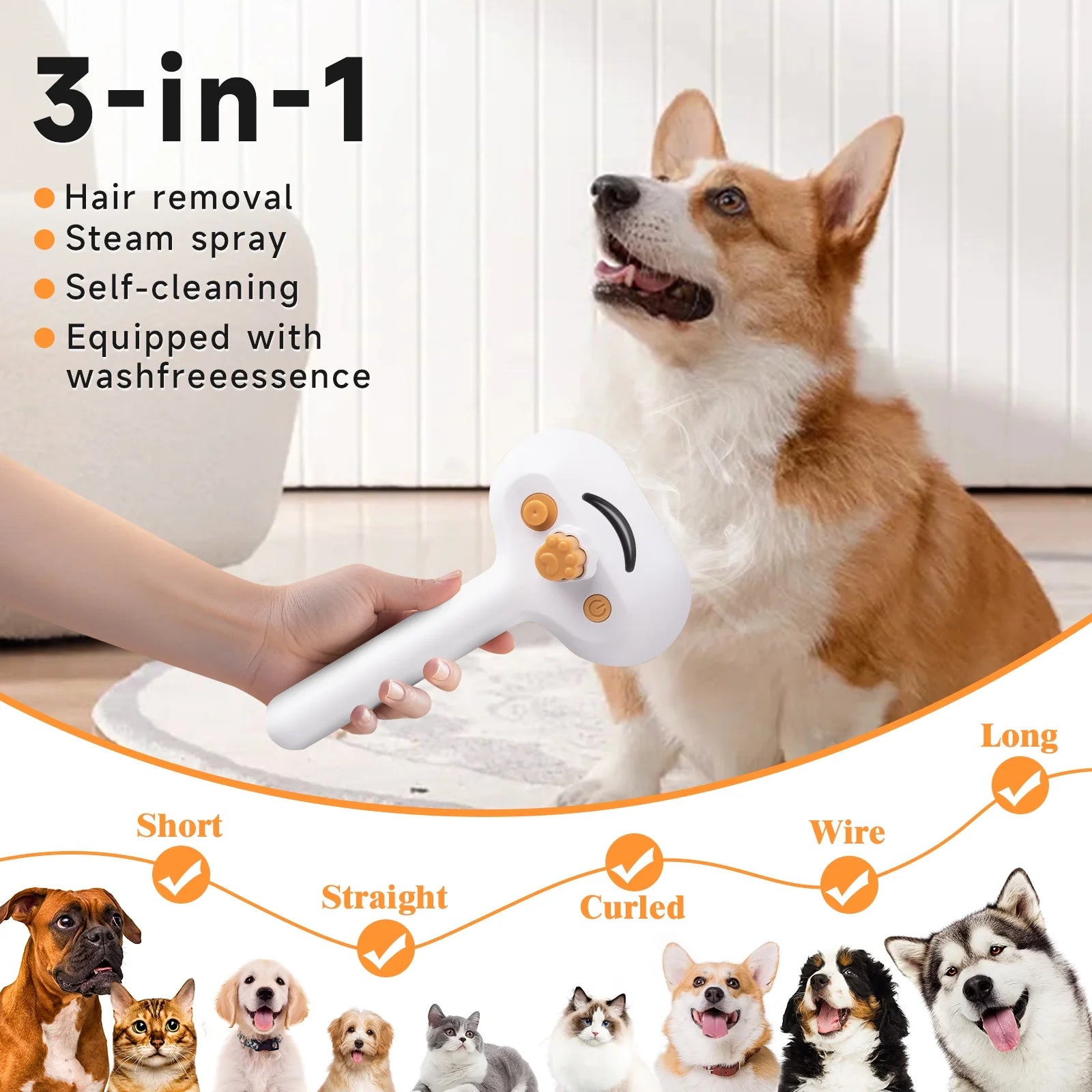 Pet Steam Brush for Dog & Cat - 3-In-1 Steam Grooming Brush for Shedding & Hair Removal - Self Cleaning Spray Comb with Mist for Long Haired Pets - Includes 1*Waterless Shampoo