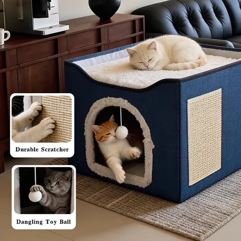 Indoor Cat House - Spacious Cat Bed Cave with Scratch Pad and Fluffy Ball, Foldable Cat Condo Hideaway with Reversible Cushion for All Seasons, Suitable for Multiple Small Pets, Dark Ivory