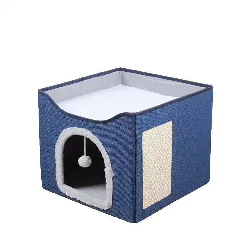 Indoor Cat House - Spacious Cat Bed Cave with Scratch Pad and Fluffy Ball, Foldable Cat Condo Hideaway with Reversible Cushion for All Seasons, Suitable for Multiple Small Pets, Dark Ivory