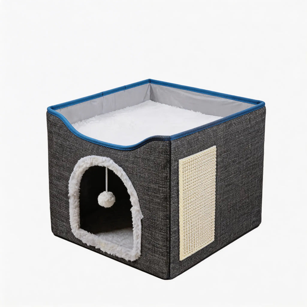 Indoor Cat House - Spacious Cat Bed Cave with Scratch Pad and Fluffy Ball, Foldable Cat Condo Hideaway with Reversible Cushion for All Seasons, Suitable for Multiple Small Pets, Dark Ivory