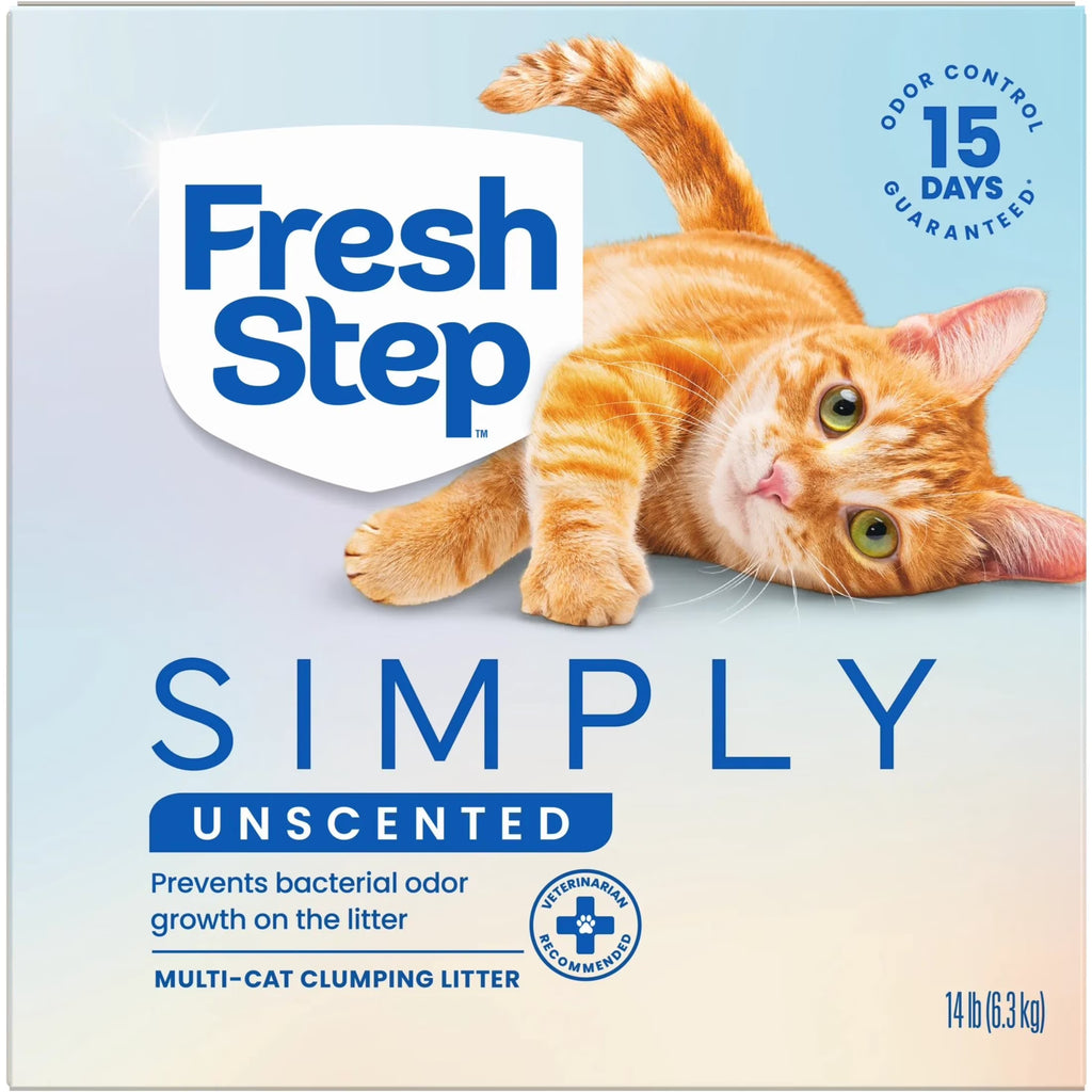 Say goodbye to odors with our Simply Unscented Clumping Cat Litter – 14 lbs of pure feline comfort! 🐾✨
