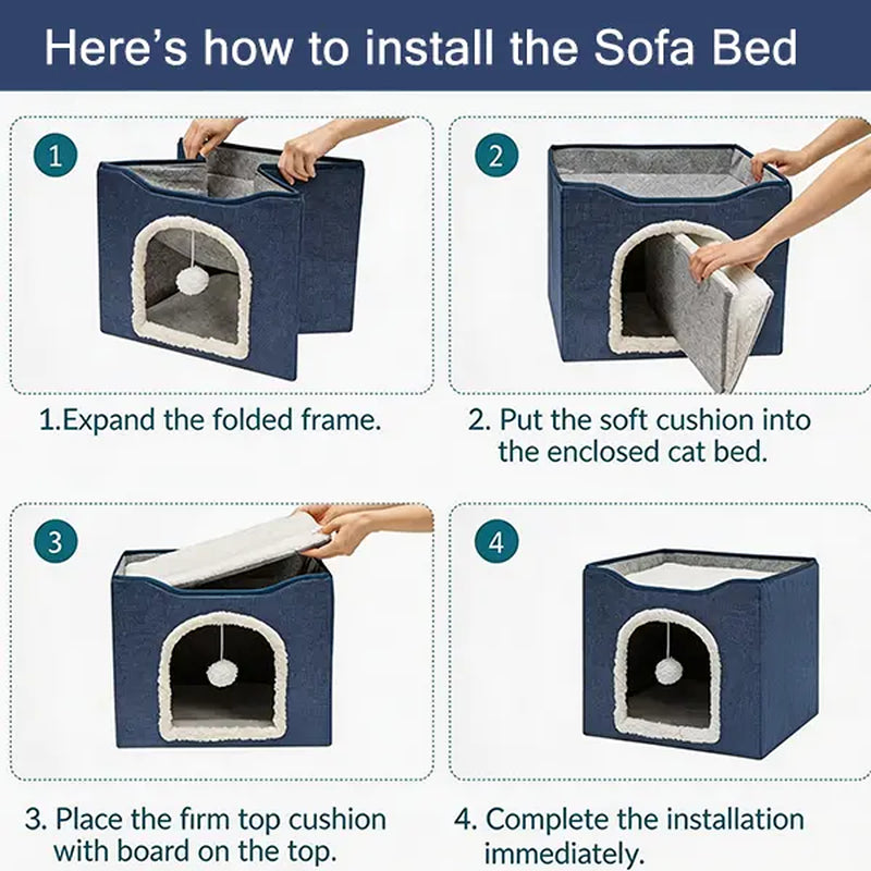 Indoor Cat House - Spacious Cat Bed Cave with Scratch Pad and Fluffy Ball, Foldable Cat Condo Hideaway with Reversible Cushion for All Seasons, Suitable for Multiple Small Pets, Dark Ivory