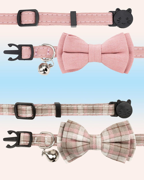 Adjustable Breakaway Cat Collar Set with Bowtie and Bell - Solid Plaid Design - Pink (2 Pieces)