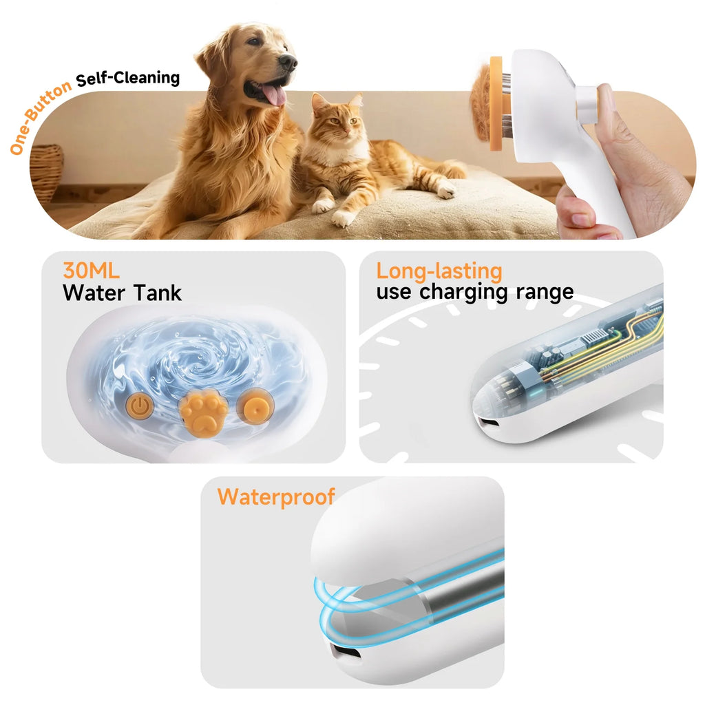 Pet Steam Brush for Dog & Cat - 3-In-1 Steam Grooming Brush for Shedding & Hair Removal - Self Cleaning Spray Comb with Mist for Long Haired Pets - Includes 1*Waterless Shampoo