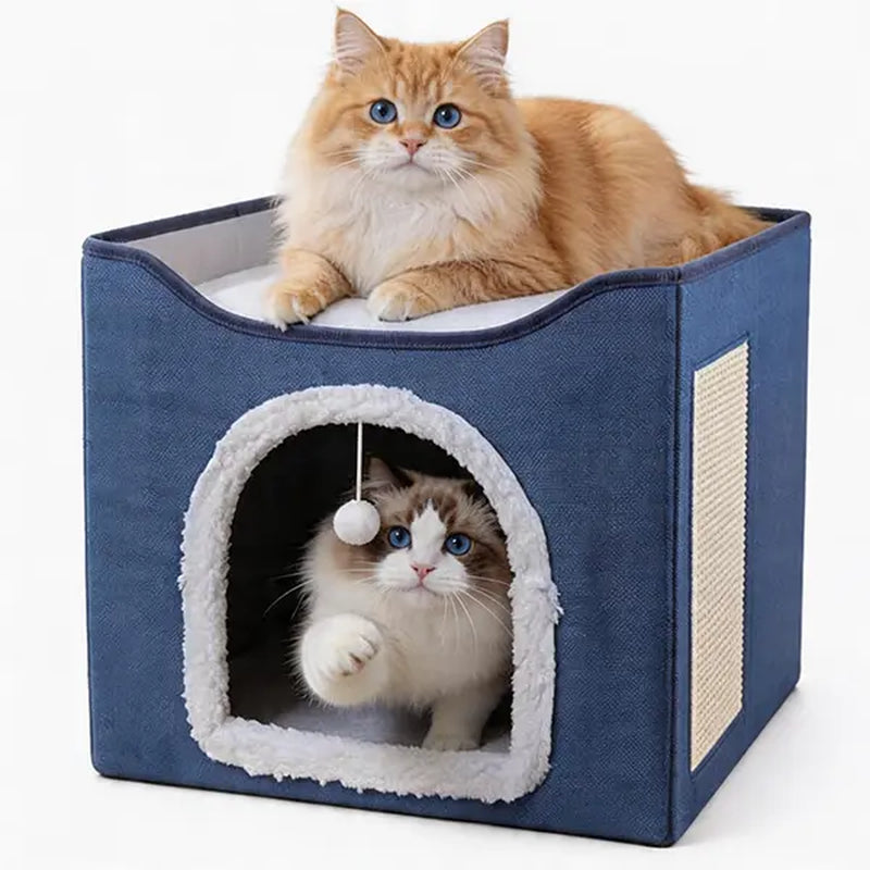 Indoor Cat House - Spacious Cat Bed Cave with Scratch Pad and Fluffy Ball, Foldable Cat Condo Hideaway with Reversible Cushion for All Seasons, Suitable for Multiple Small Pets, Dark Ivory