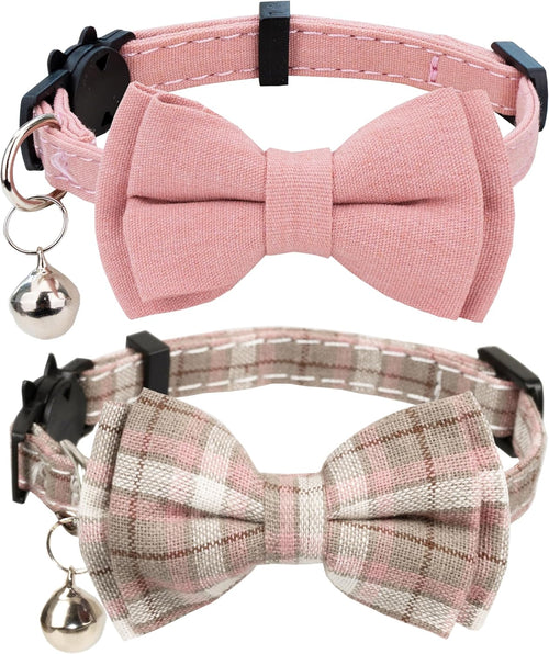 Adjustable Breakaway Cat Collar Set with Bowtie and Bell - Solid Plaid Design - Pink (2 Pieces)