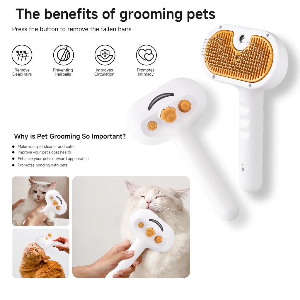 Pet Steam Brush for Dog & Cat - 3-In-1 Steam Grooming Brush for Shedding & Hair Removal - Self Cleaning Spray Comb with Mist for Long Haired Pets - Includes 1*Waterless Shampoo